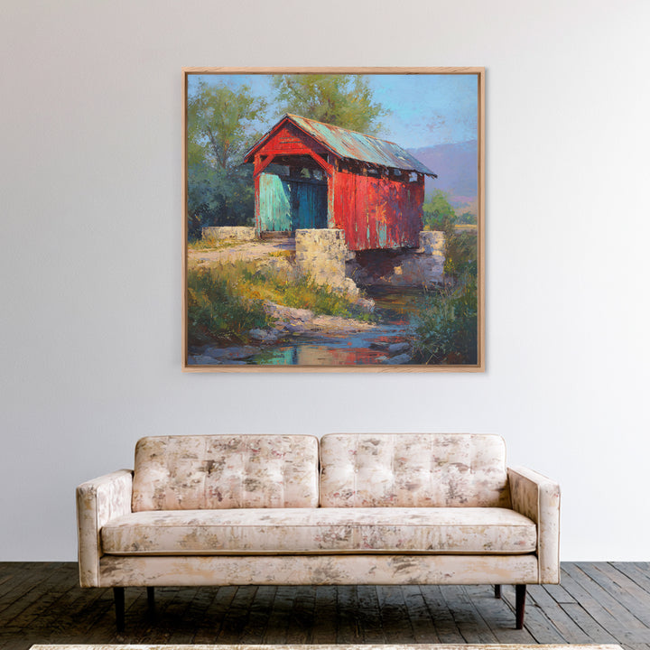Covered Bridge over a Quiet Creek Canvas Print, Country Art, Farmhouse Decor, Oil Painting, Country, French Country Decor, COU-1x1-15