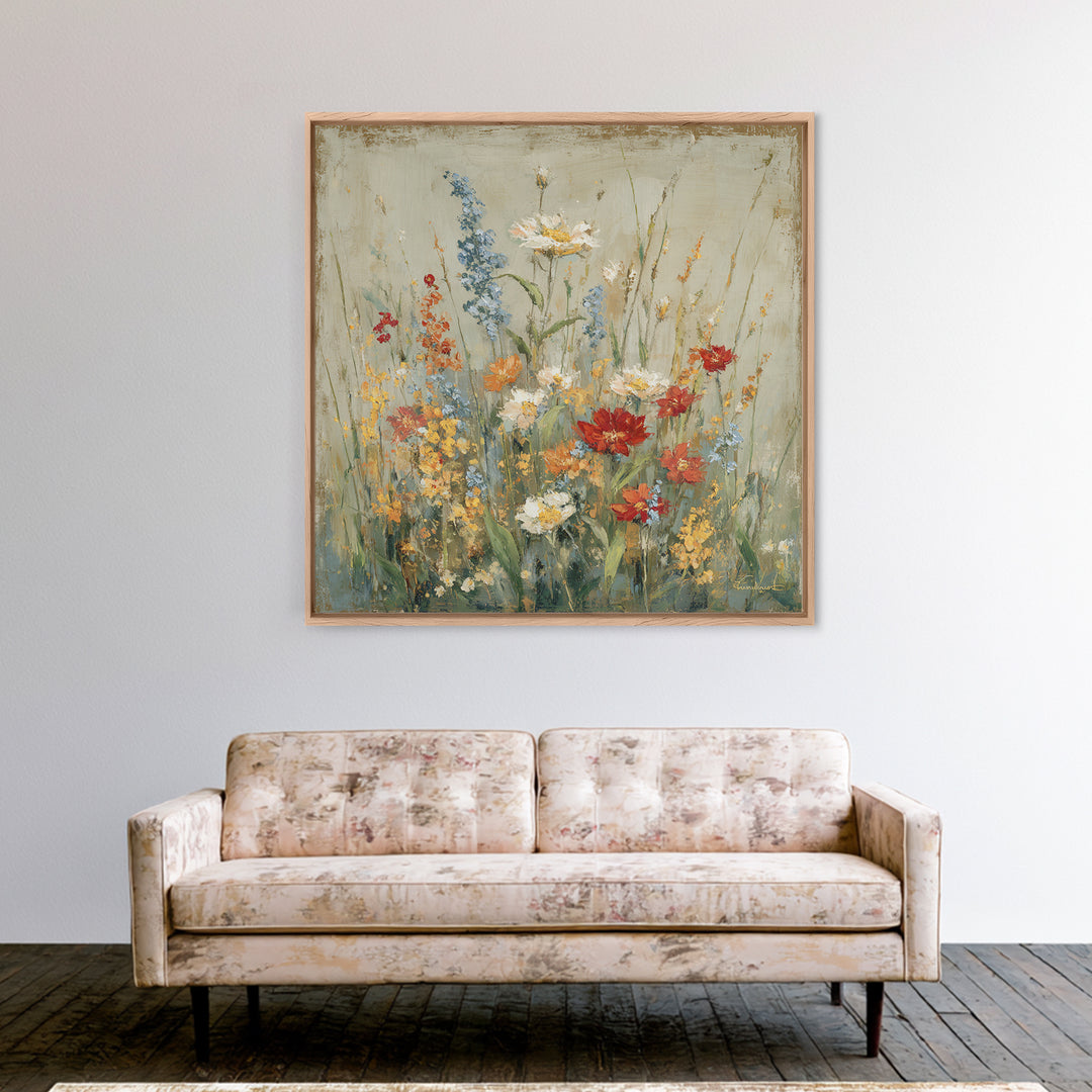 Wildflower Meadow Beside an Old Fence Framed Canvas Print, Country Art, Watercolor Painting, Farmhouse Decor, Oil Painting, COU-1x1-2