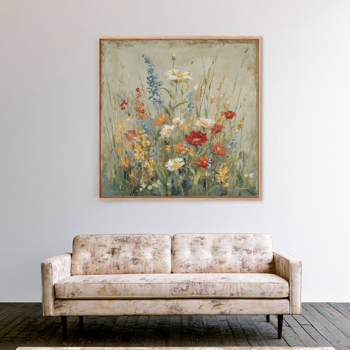 Wildflower Meadow Beside an Old Fence Framed Canvas Print, Country Art, Watercolor Painting, Farmhouse Decor, Oil Painting, COU-1x1-2