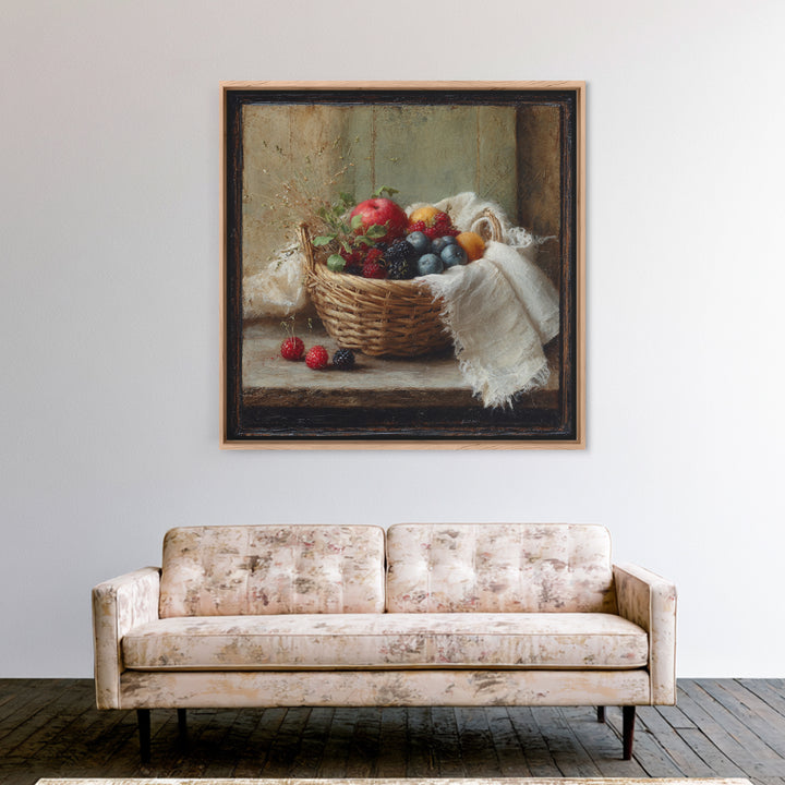 Blackberry Basket with Linen Cloth Framed Canvas Print, Country Art, French Country, Farmhouse Decor, Fine Art, Country, COU-1x1-21