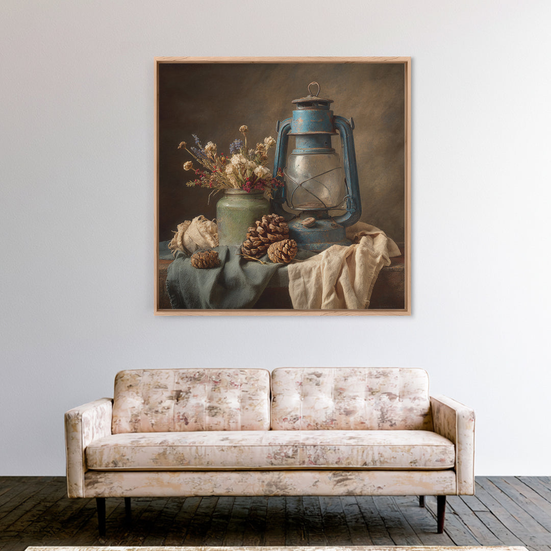 Old Lantern and Pinecones Still Life Framed Canvas Print, Country Art, Landscape Painting, Farmhouse Decor, Watercolor Art, COU-1x1-24