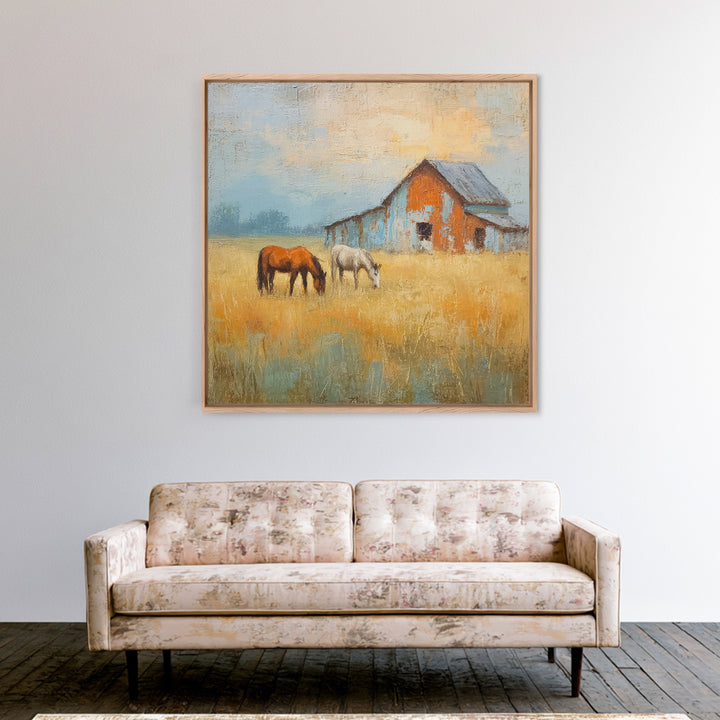 Rolling Pasture with Grazing Horses at Sunrise Canvas Print, Country Art, Neutral Decor, Farmhouse Decor, Fine Art, Country, COU-1x1-25