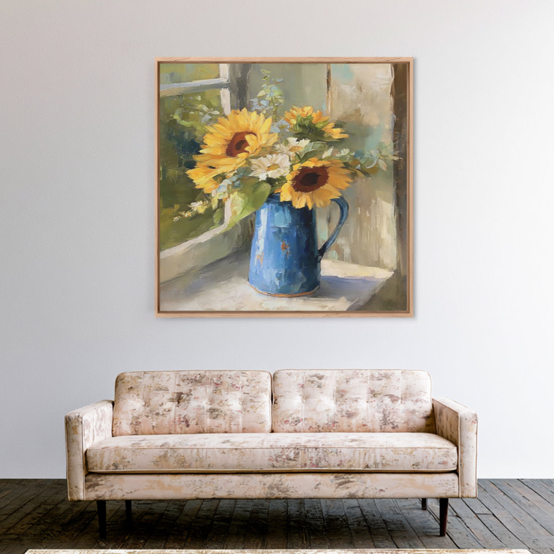 Sunflowers in a Blue Enamel Pitcher Framed Canvas Print, Country Art, Gallery Decor, Farmhouse Decor, Fine Art, Country, COU-1x1-32