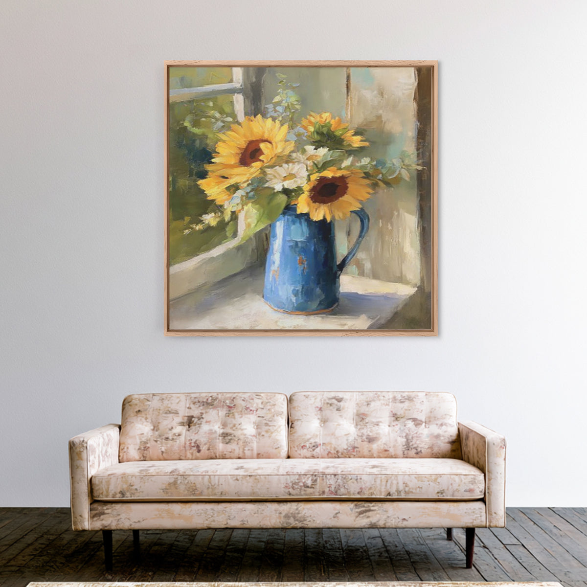 Sunflowers in a Blue Enamel Pitcher Framed Canvas Print, Country Art, Gallery Decor, Farmhouse Decor, Fine Art, Country, COU-1x1-32