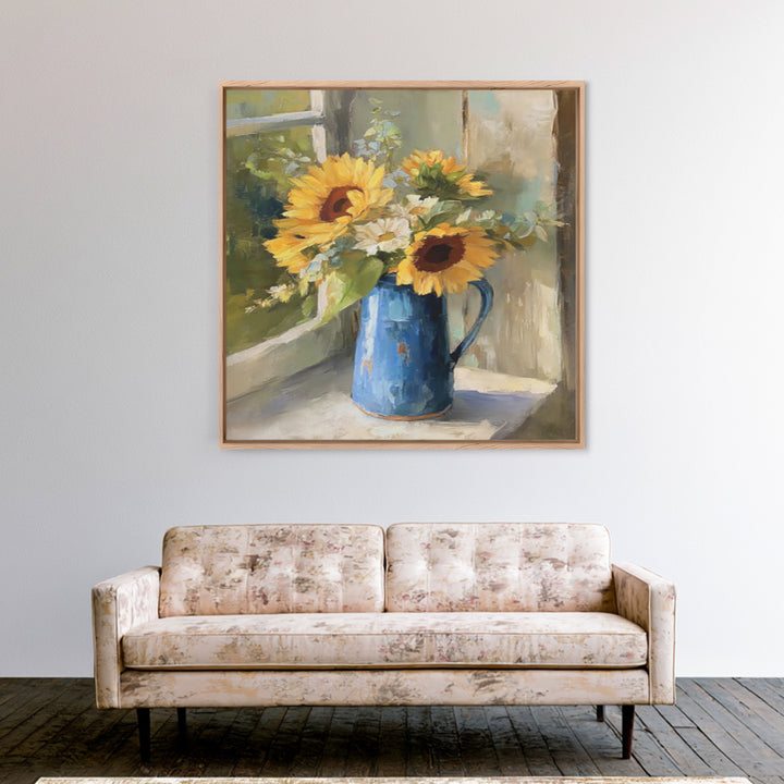 Sunflowers in a Blue Enamel Pitcher Framed Canvas Print, Country Art, Gallery Decor, Farmhouse Decor, Fine Art, Country, COU-1x1-32
