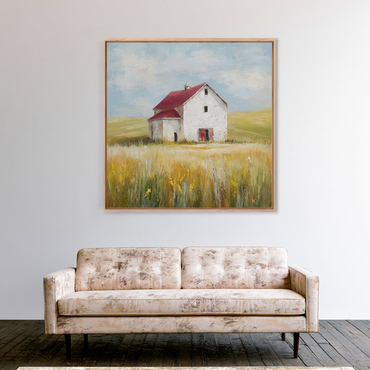 White Farmhouse Surrounded by Tall Grass Framed Canvas Print, Country Art, French Country, Farmhouse Decor, Watercolor Art, COU-1x1-34