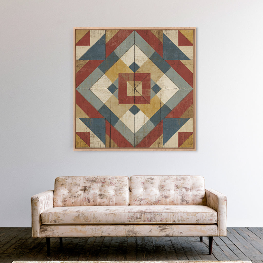 Quilt Geometric Folk Pattern Canvas Print, Country Art, Oil Painting, Farmhouse Decor, Abstract Art, Country, COU-1x1-36