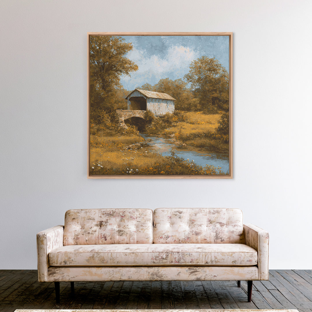 Covered Bridge over a Quiet Creek Framed Canvas Print, Country Art, Watercolor Painting, Farmhouse Decor, Fine Art, Country, COU-1x1-39