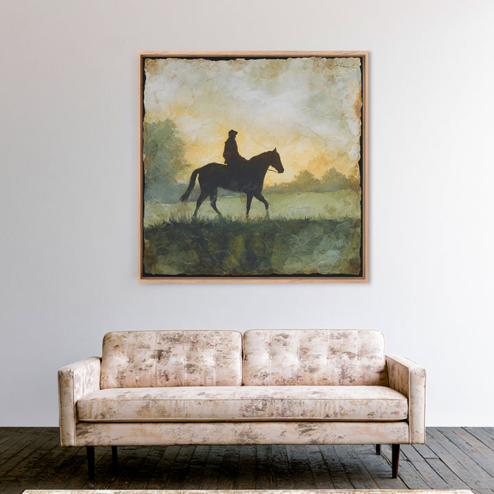Horse and Rider Silhouette at Dusk Framed Canvas Print, Country Art, Gallery Decor, Farmhouse Decor, Fine Art, Country, COU-1x1-41