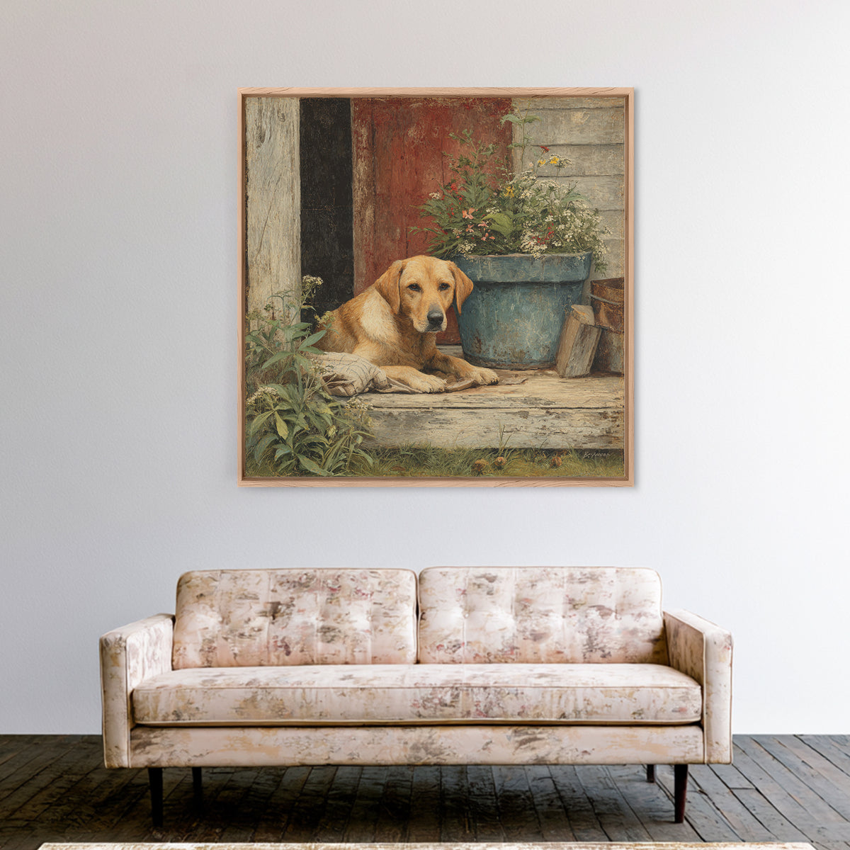 Dog Resting Beside a Porch Flower Pot Framed Canvas Print, Country Art, Landscape Painting, Farmhouse Decor, Oil Painting, COU-1x1-46