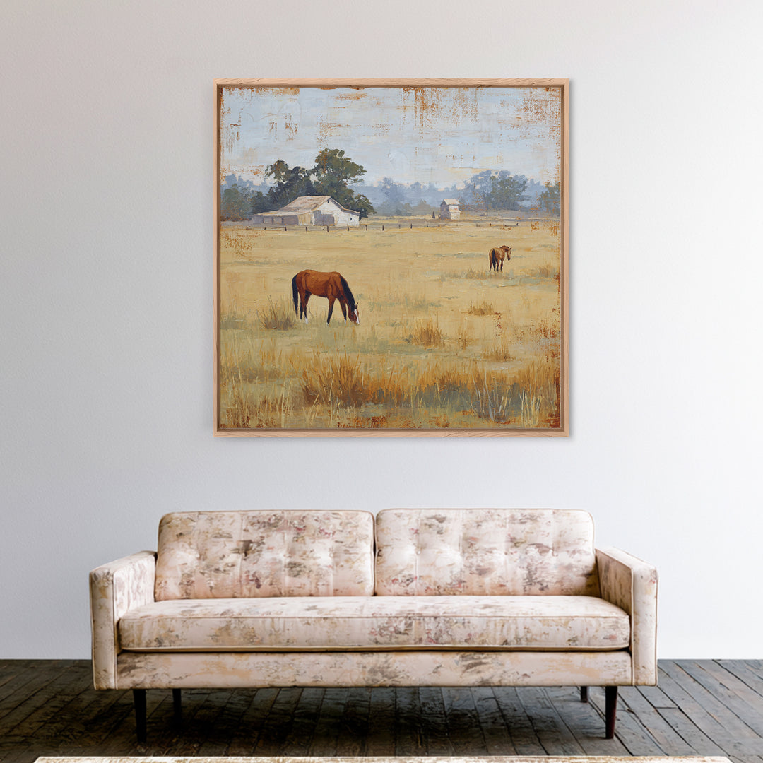 Rolling Pasture with Grazing Horses at Sunrise Canvas Print, Country Art, Neutral Decor, Farmhouse Decor, Fine Art, Country, COU-1x1-49