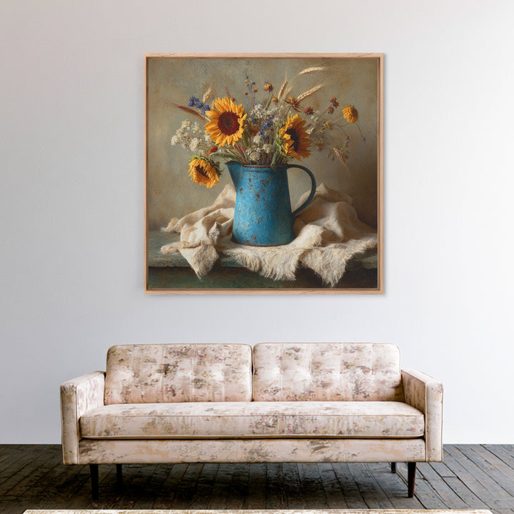 Sunflowers in a Blue Enamel Pitcher Framed Canvas Print, Country Art, Digital Wall Art, Farmhouse Decor, Fine Art, Country, COU-1x1-56