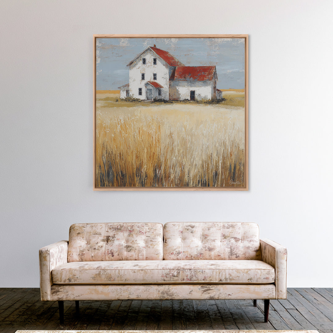 White Farmhouse Surrounded by Tall Grass Framed Canvas Print, Country Art, French Country, Farmhouse Decor, Watercolor Art, COU-1x1-58