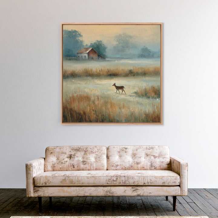 Deer Crossing a Misty Morning Field Canvas Print, Country Art, Landscape Wall Art, Farmhouse Decor, Fine Art, Country, COU-1x1-59
