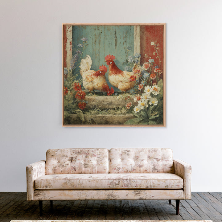 Chickens Pecking Near Garden Flowers Framed Canvas Print, Country Art, Farmhouse Wall Art, Farmhouse Decor, Fine Art, Country, COU-1x1-62