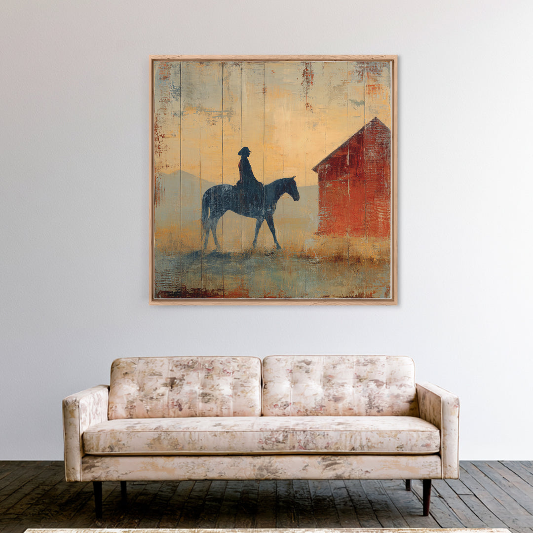 Horse and Rider Silhouette at Dusk Framed Canvas Print, Country Art, Gallery Decor, Farmhouse Decor, Fine Art, Country, COU-1x1-65