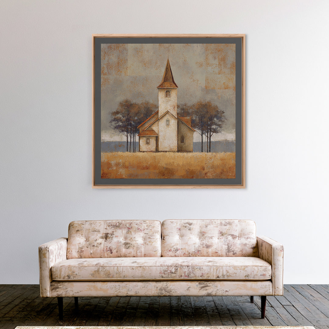 Country Church Steeple Beyond Trees Framed Canvas Print, Country Art, Gallery Decor, Farmhouse Decor, Fine Art, Country, COU-1x1-67