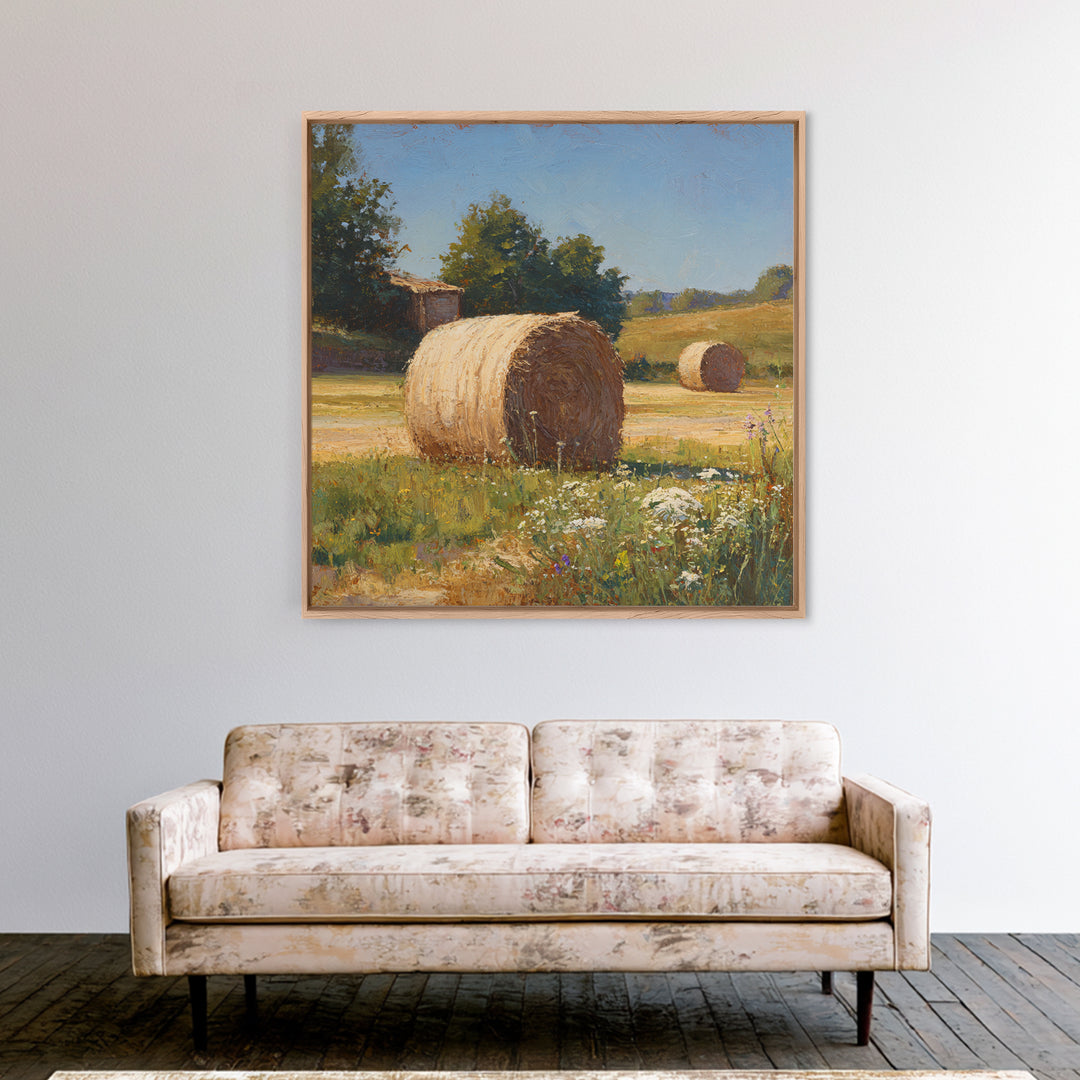 Hay Bales in Late Afternoon Sun Framed Canvas Print, Country Art, Floral Wall Art, Farmhouse Decor, Fine Art, Country, COU-1x1-68