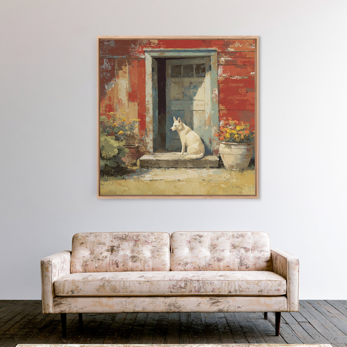 Dog Resting Beside a Porch Flower Pot Framed Canvas Print, Country Art, Landscape Painting, Farmhouse Decor, Oil Painting, COU-1x1-70