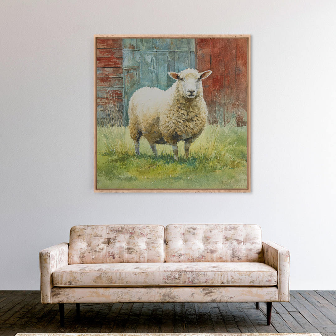 Watercolor Sheep in a Green Pasture Framed Canvas Print, Country Art, French Country, Farmhouse Decor, Fine Art, Country, COU-1x1-71