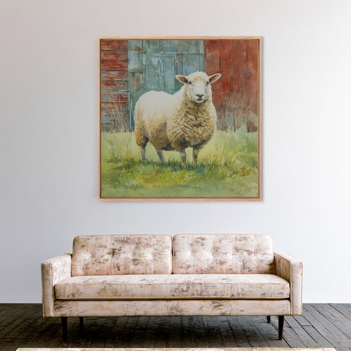 Watercolor Sheep in a Green Pasture Framed Canvas Print, Country Art, French Country, Farmhouse Decor, Fine Art, Country, COU-1x1-71