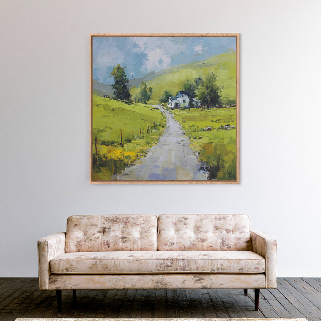 Country Road Disappearing into Green Hills Framed Canvas Print, Country Art, Modern Decor, Farmhouse Decor, Oil Painting, COU-1x1-79