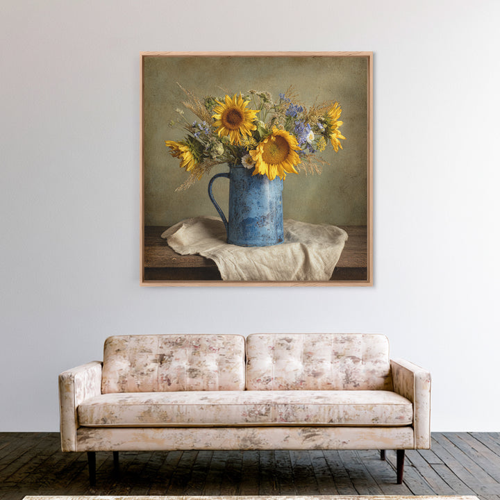 Sunflowers in a Blue Enamel Pitcher Framed Canvas Print, Country Art, Original Painting, Farmhouse Decor, Oil Painting, Country, COU-1x1-8