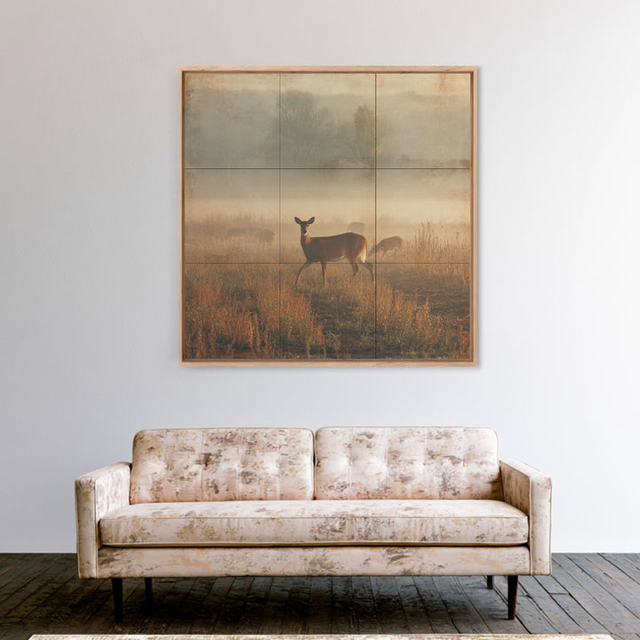 Deer Crossing a Misty Morning Field Framed Canvas Print, Country Art, Fine Art Print, Farmhouse Decor, Fine Art, Country, COU-1x1-83