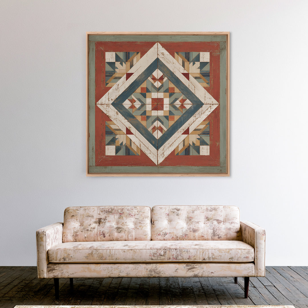 Quilt Geometric Folk Pattern Framed Canvas Print, Country Art, French Country, Farmhouse Decor, Fine Art, Country, Luxury Decor, COU-1x1-84