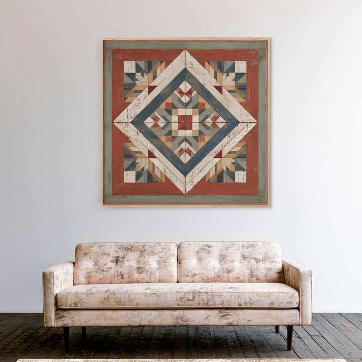 Quilt Geometric Folk Pattern Framed Canvas Print, Country Art, French Country, Farmhouse Decor, Fine Art, Country, Luxury Decor, COU-1x1-84