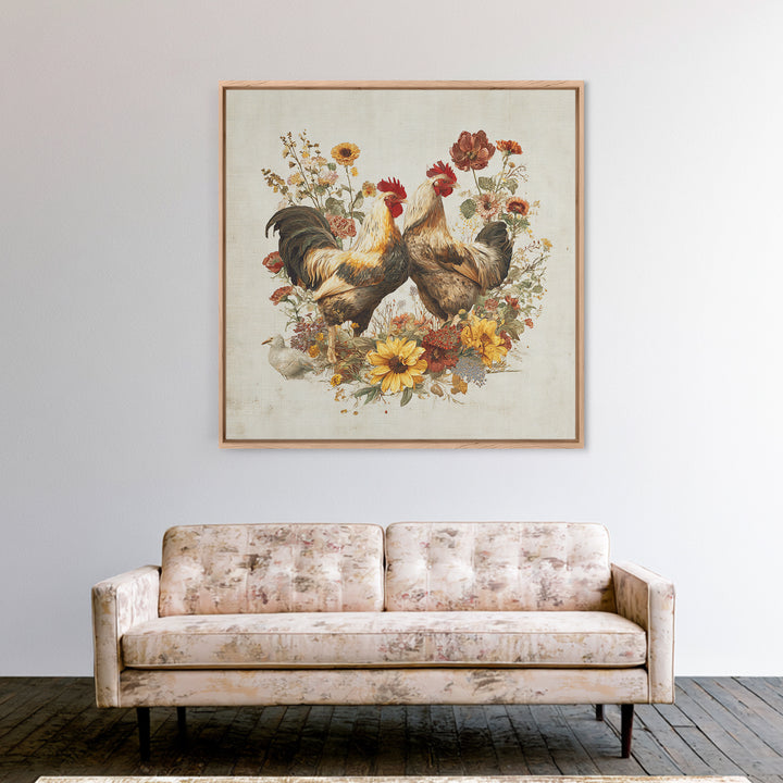 Chickens Pecking Near Garden Flowers Canvas Print, Country Art, Neutral Decor, Farmhouse Decor, Oil Painting, Country, COU-1x1-86