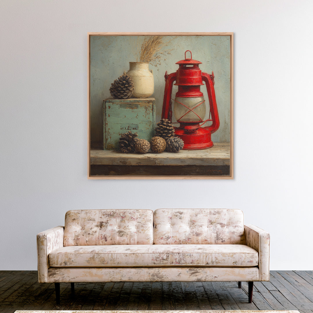 Old Lantern and Pinecones Still Life Framed Canvas Print, Country Art, Digital Prints, Farmhouse Decor, Fine Art, Country, COU-1x1-96