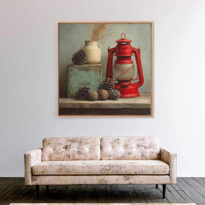 Old Lantern and Pinecones Still Life Framed Canvas Print, Country Art, Digital Prints, Farmhouse Decor, Fine Art, Country, COU-1x1-96