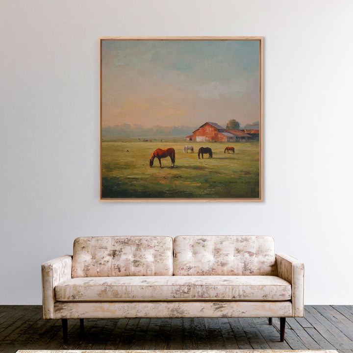 Rolling Pasture with Grazing Horses at Sunrise Canvas Print, Country Art, Wall Art, Farmhouse Decor, Oil Painting, Country, COU-1x1-97
