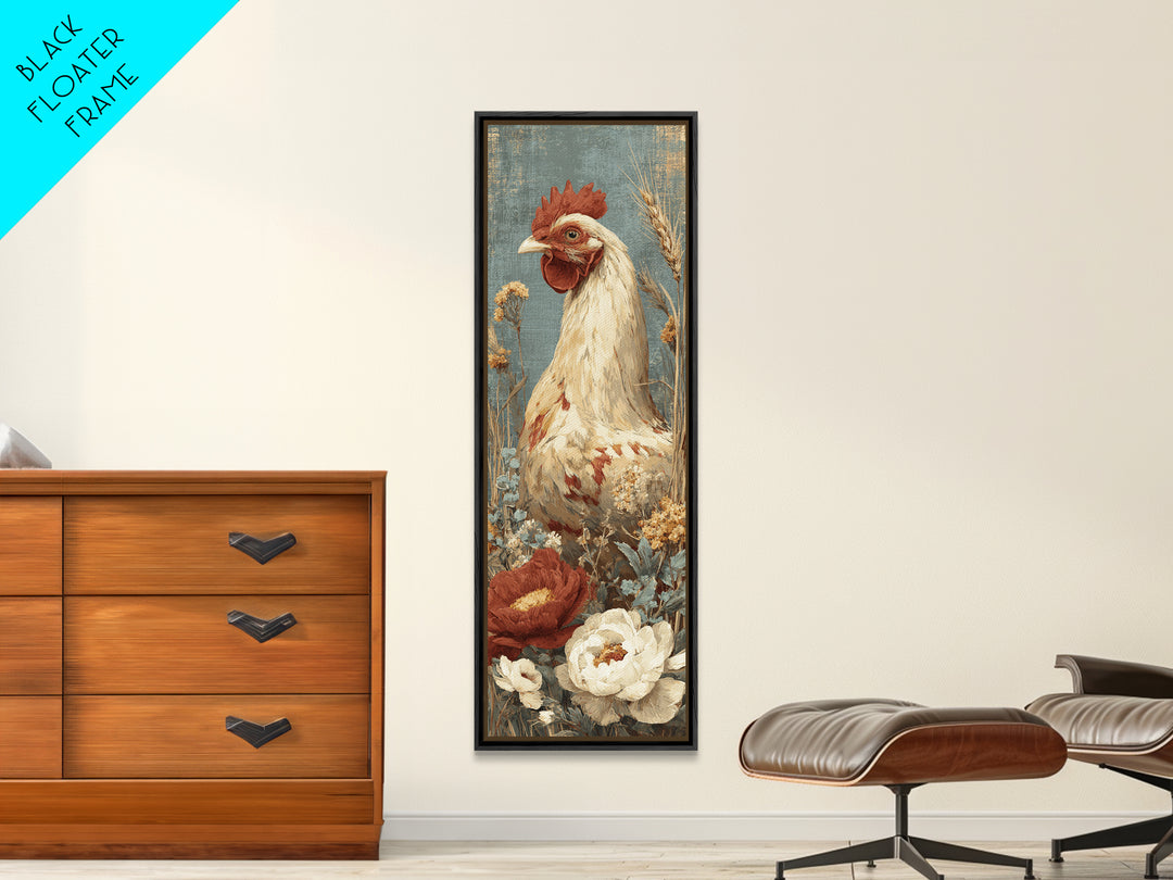 Chickens Pecking Near Garden Flowers Canvas Print, Country Art, Landscape Painting, Farmhouse Decor, Watercolor Art, Country, COU-1x3-2