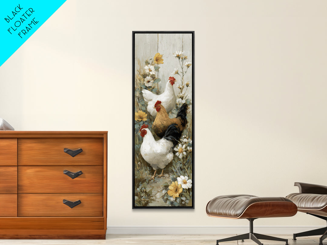Chickens Pecking Near Garden Flowers Canvas Print, Country Art, Landscape Painting, Farmhouse Decor, Watercolor Art, Country, COU-1x3-26