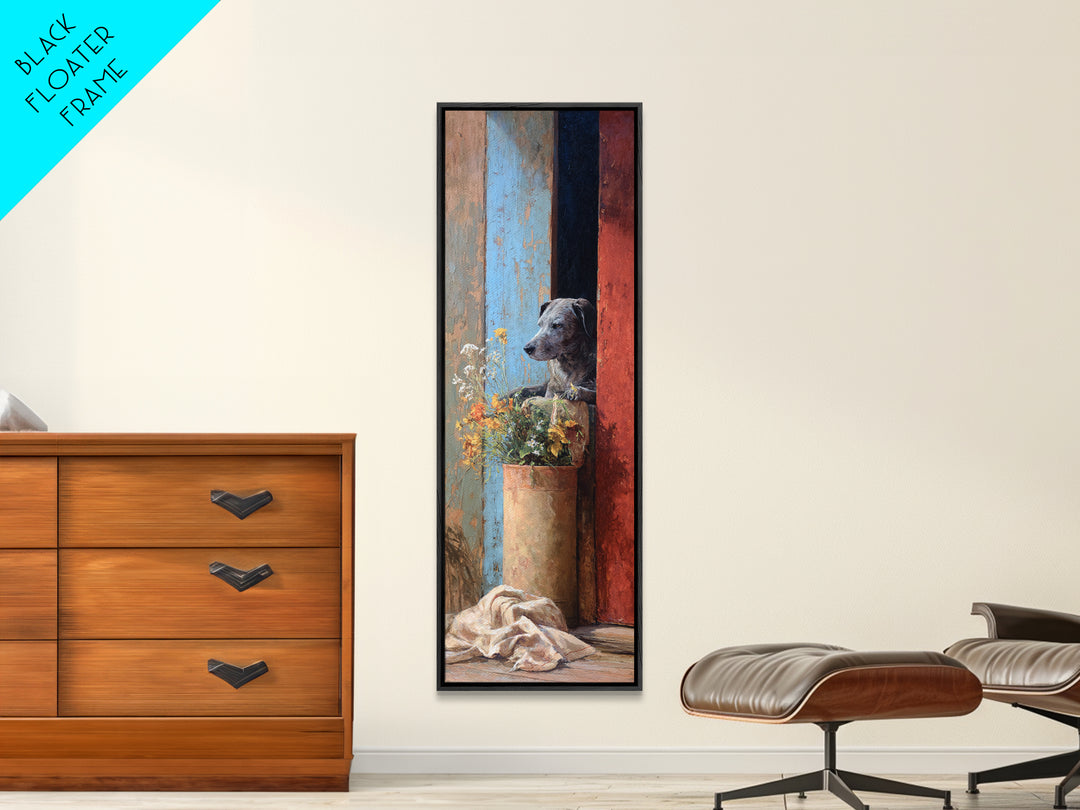 Dog Resting Beside a Porch Flower Pot Framed Canvas Print, Country Art, French Country Decor, Farmhouse Decor, Country, COU-1x3-34