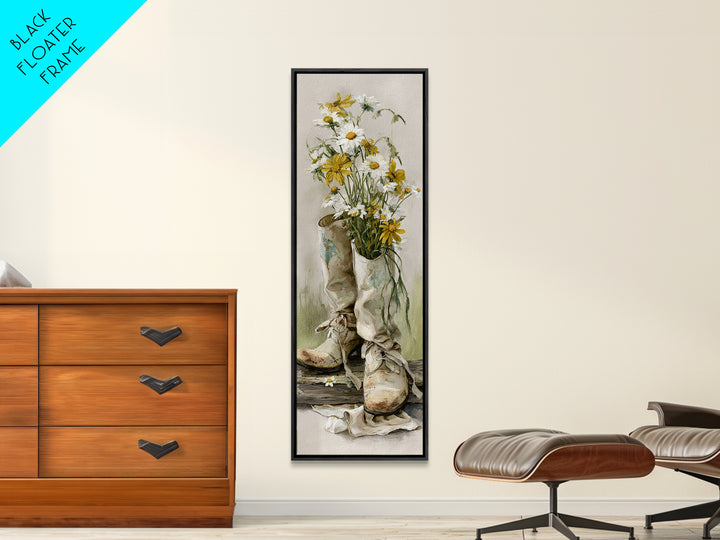 Weathered Boots with Wildflowers Tucked Inside Framed Canvas Print, Country Art, Modern Decor, Farmhouse Decor, Oil Painting, COU-1x3-4