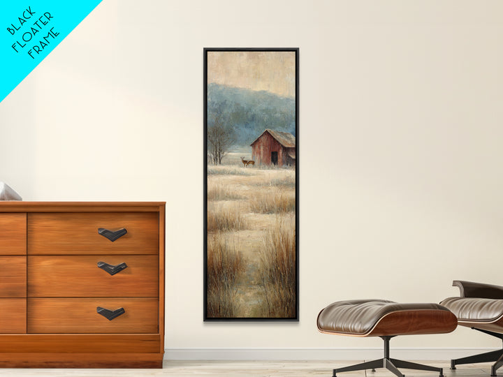 Deer Crossing a Misty Morning Field Framed Canvas Print, Country Art, Oil Painting, Farmhouse Decor, Fine Art, Country, COU-1x3-47