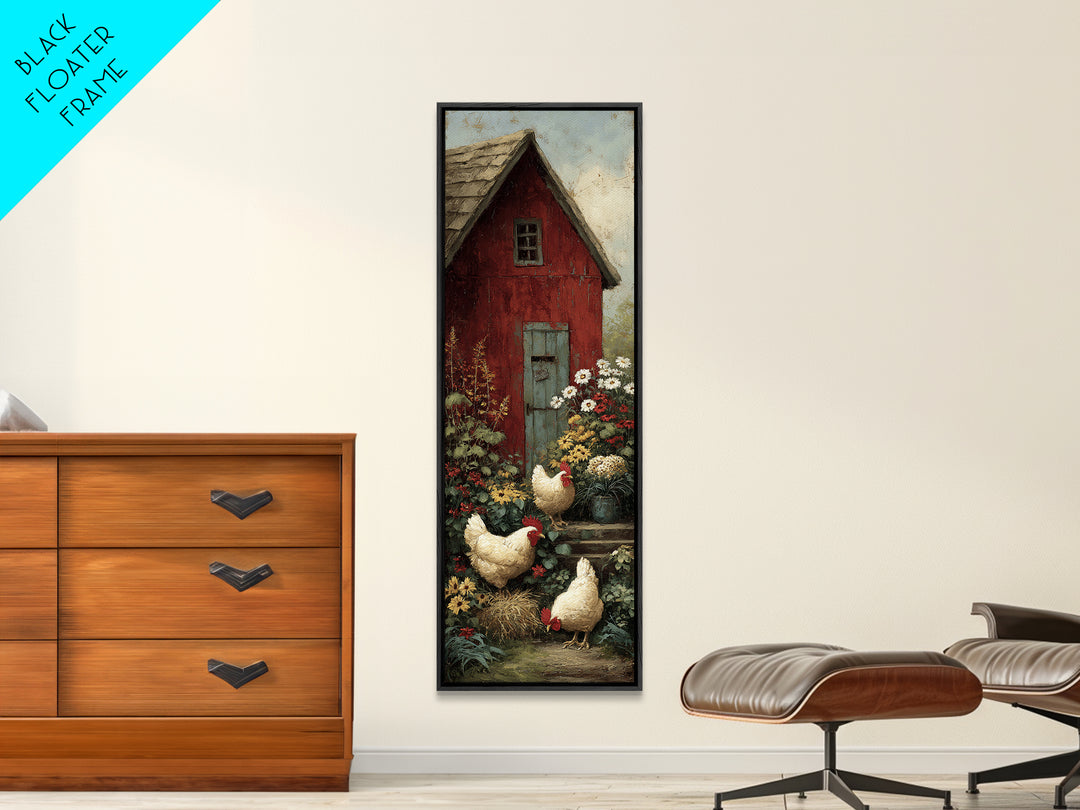 Chickens Pecking Near Garden Flowers Framed Canvas Print, Country Art, Landscape Wall Art, Farmhouse Decor, Watercolor Art, COU-1x3-50