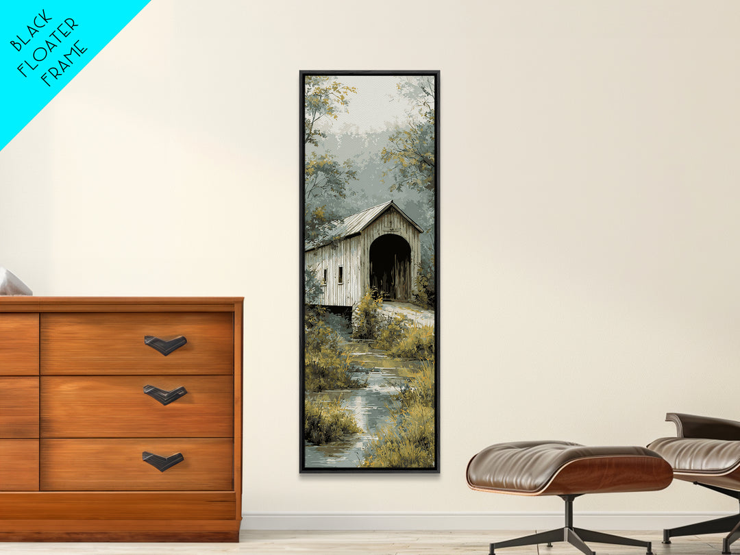 Covered Bridge over a Quiet Creek Canvas Print, Country Art, Farmhouse Decor, Abstract Art, Country, Gallery Wall Art, COU-1x3-51