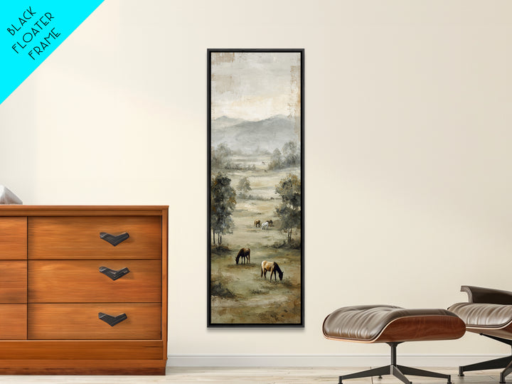 Rolling Pasture with Grazing Horses at Sunrise Framed Canvas Print, Country Art, Textured Painting, Farmhouse Decor, Country, COU-1x3-61