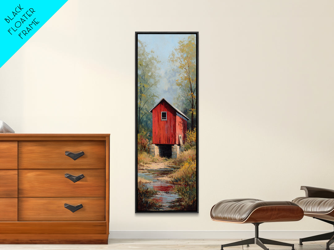 Covered Bridge over a Quiet Creek Framed Canvas Print, Country Art, Digital Art Prints, Farmhouse Decor, Fine Art, Country, COU-1x3-75