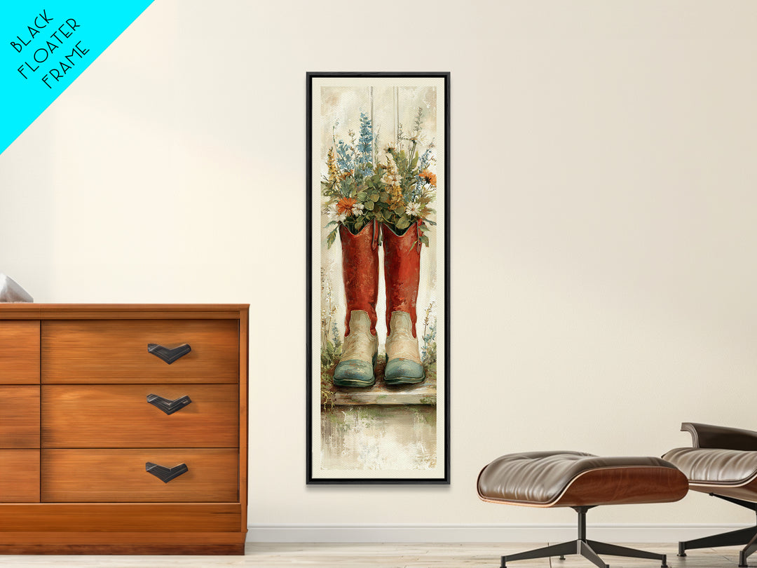 Weathered Boots with Wildflowers Tucked Inside Framed Canvas Print, Country Art, Digital Print, Farmhouse Decor, Country, COU-1x3-76