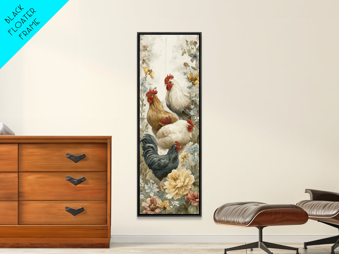 Chickens Pecking Near Garden Flowers Canvas Print, Country Art, Fine Art Print, Farmhouse Decor, Country, Digital Prints, COU-1x3-98