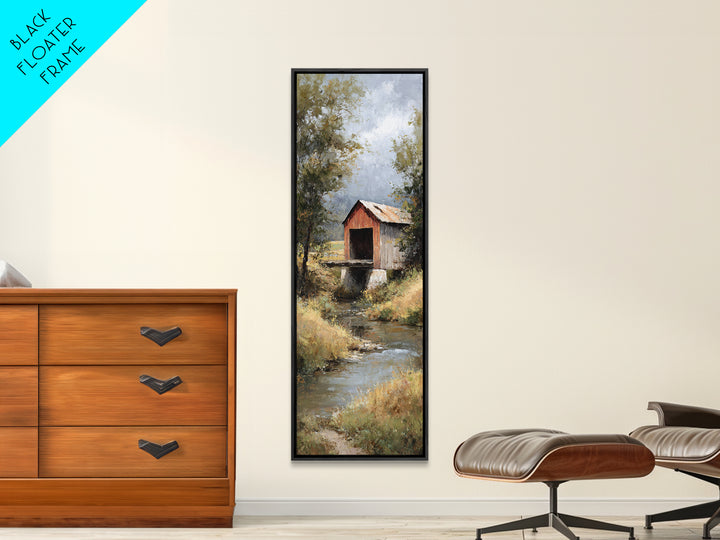 Covered Bridge over a Quiet Creek Canvas Print, Country Art, Farmhouse Wall Art, Farmhouse Decor, Watercolor Art, Country, COU-1x3-99