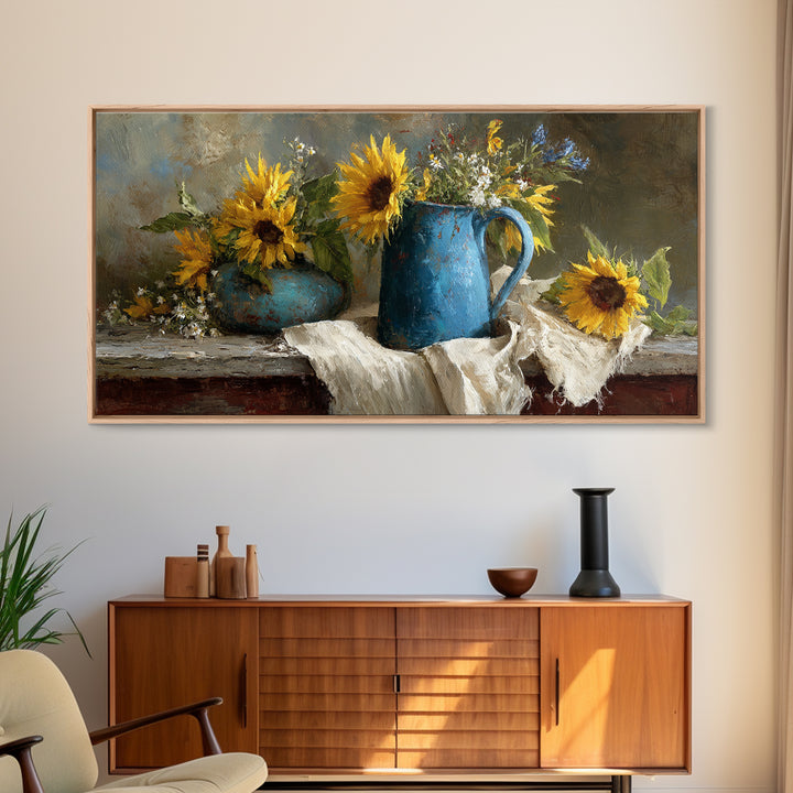 Sunflowers in a Blue Enamel Pitcher Framed Canvas Print, Country Art, Digital Art Prints, Farmhouse Decor, Oil Painting, COU-2x1-100