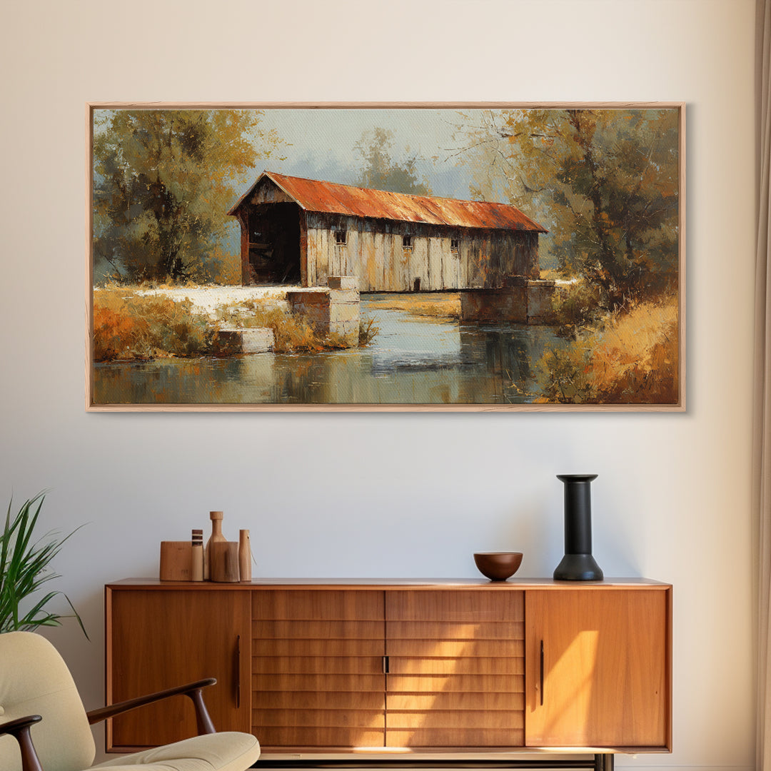 Covered Bridge over a Quiet Creek Framed Canvas Print, Country Art, Watercolor Painting, Farmhouse Decor, Fine Art, Country, COU-2x1-11