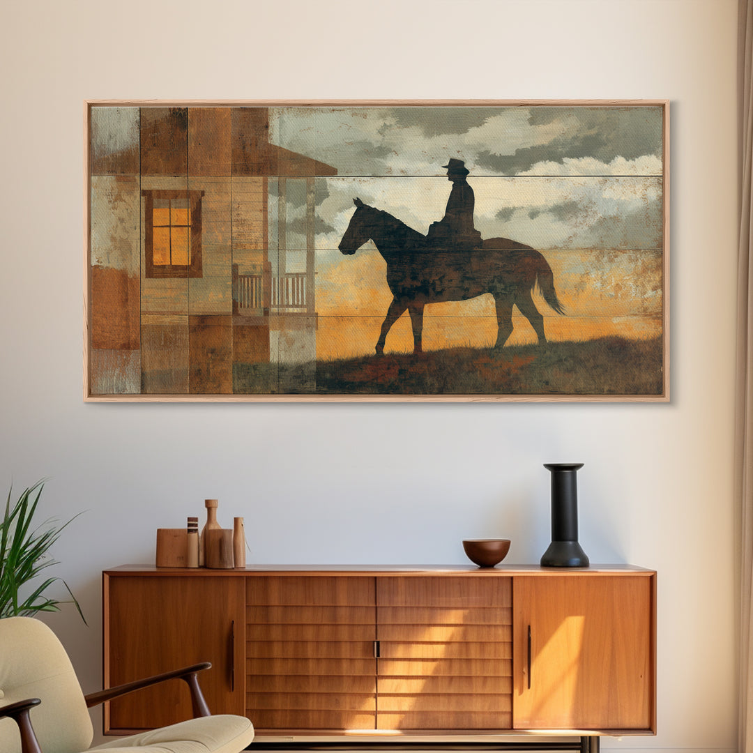 Horse and Rider Silhouette at Dusk Framed Canvas Print, Country Art, Minimalist Decor, Farmhouse Decor, Fine Art, Country, COU-2x1-13