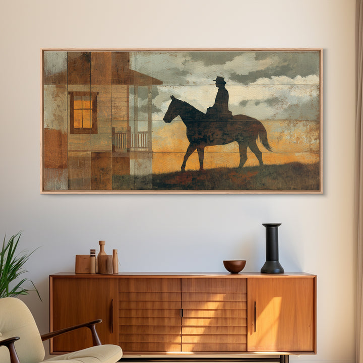 Horse and Rider Silhouette at Dusk Framed Canvas Print, Country Art, Minimalist Decor, Farmhouse Decor, Fine Art, Country, COU-2x1-13